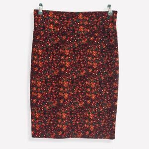 LuLaRoe Cassie Skirt Large Red Floral Knee Length Pull On Pencil Stretchy Travel